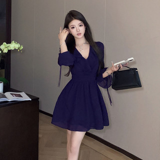 Đảng Pháp Đảng Đầm Tím Gợi Cảm Nữ Slim-fit Nhà Xù Khâu Cổ Chữ V Nút Dài Tay Voan Chữ A