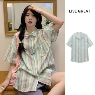 Áo sơ mi nữ LIVE GREA sọc dễ thương phiên bản Hàn Quốc của phong cách đại học cotton nguyên chất dáng rộng