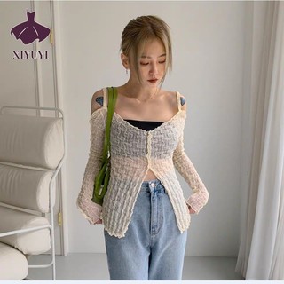 Xiyuyi Áo sơ mi nữ hot girl lưới kẻ sọc dài tay phong cách mới nối ngắn mỏng vừa vặn hàng đầu