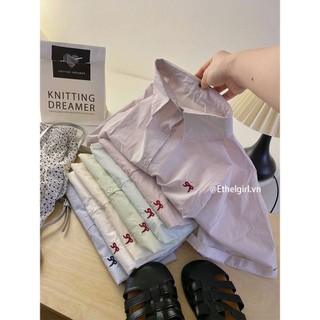 Ethelgirl Phiên Bản Hàn Quốc Nữ 6 Màu Retro Ve Áo Nơ Thêu Áo Sơ Mi Tay Ngắn Top