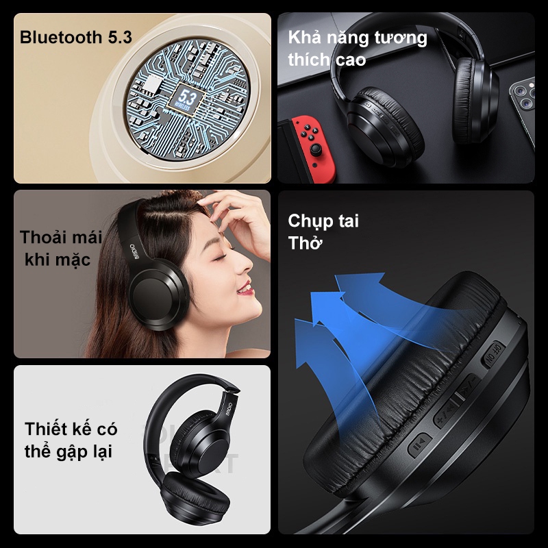 Tai nghe Bluetooth chụp tai BRIDIO TH10 BT5.3 Âm thanh HD Giảm nhiễu Có thể gập lại có dây IP Lenovo | BigBuy360 - bigbuy360.vn