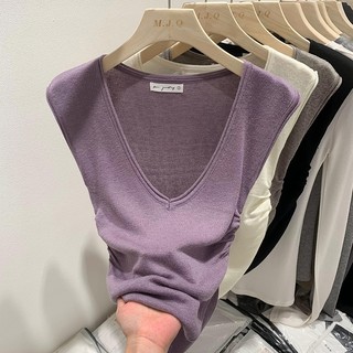 Áo vest dệt kim không tay cổ chữ V xếp ly cổ chữ V chắc chắn