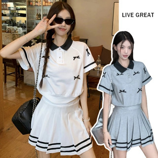 Live GREA Bộ đồ nữ áo sơ mi cổ ngắn tay nơ phong cách đại học phiên bản Hàn Quốc thời trang mùa hè phong cách mới