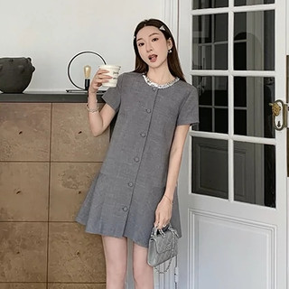 Đảng Pháp Đảng Đảng Thời Trang Phù Hợp Với Đầm Nữ Rời Màu Trơn Thêu Cổ Tròn Tay Ngắn Chữ A Một Tay
