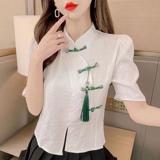 Áo Sơ Mi Trung Quốc Nữ Tay Ngắn Mùa Hè Phong Cách Mới Thiết Kế Niche Puff Tay Không Đều Nút Top