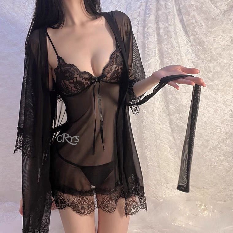 Set đồ ngủ sexy  nữ gồm váy và áo choàng kiểu đầm 2 dây xuyên thấu có quần lót khiêu gợi | BigBuy360 - bigbuy360.vn
