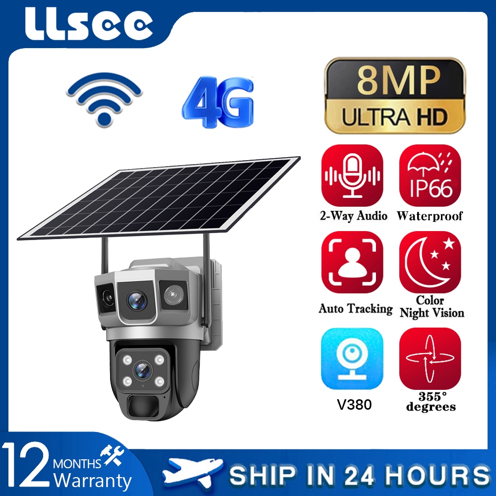 LLSEE V380 Pro 2 Mắt 8MP Máy ảnh ngoài trời không thấm nước năng lượng mặt trời Không dây WIFI CCTV 4G Thẻ SIM 360 độ Camera an ninh IP Báo động theo dõi chuyển động Push 8000 mAh Pin tích hợp