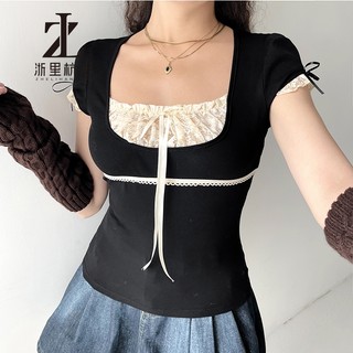 Áo thun ZHELIHANGFEI chắp vá giả hai lớp phối ren phong cách thường ngày cho nữ (đen và trắng)