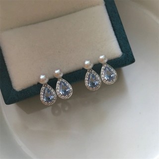 Nước mắt Sapphire hải quân Pháp đầy kim cương Bông tai ngọc trai nước ngọt thật dành cho nữ