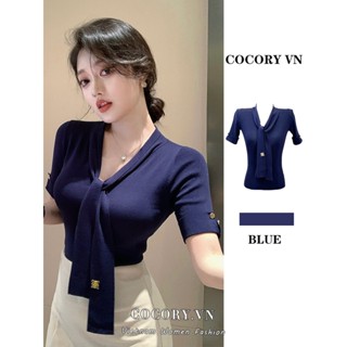 Cocorygirl Áo thun ngắn tay cổ chữ V có dây buộc màu xanh thời trang Hàn Quốc dệt kim hàng đầu &zara