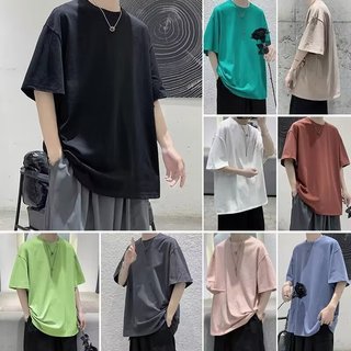 【 9 màu /M-5XL】  Áo Thun Nam Tay Ngắn Fashion Mùa Hè Mới Phong Cách Hàn Quốc Hợp Thời Trang Rời Màu Trơn 5 / 4 Tay Cặp Đôi Cổ Tròn 100% cotton Áo Thun Tay Ngắn