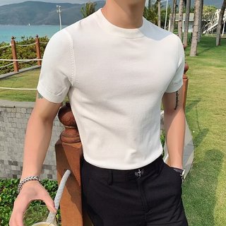 M-3XL Cao Cấp Cảm Giác Màu Trơn Nửa Tay Áo Len Nam Phiên Bản Hàn Quốc Thời Trang Đơn Giản Slim-fit Bên Trong Áo Thun Nam Mùa Hè Mỏng