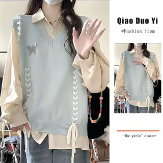 Set áo sơ mi cổ bẻ + áo len cộc tay cổ bẻ form rộng thời trang nữ