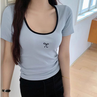 Y2k Hot Girl Áo thun ngắn tay in nơ thiết kế eo hẹp mùa hè cổ tròn