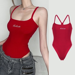 Bộ áo liền quần màu đỏ gợi cảm Slim-fit Dây cổ thấp lưng Áo yếm Top Emb