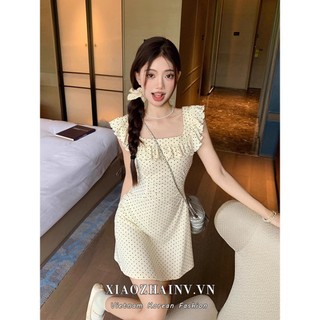 Xiaozhainv Thời Trang Hàn Quốc polka-dot Cổ Vuông Xù mini Và Giữa Treo Váy Chữ A Nữ