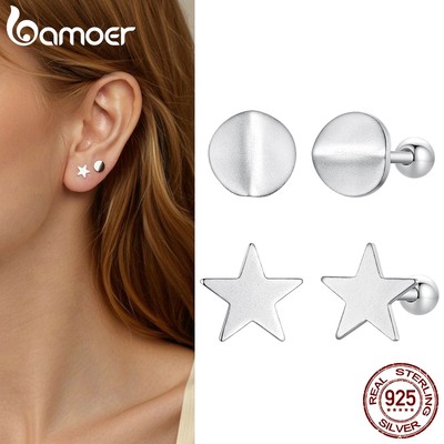 Bamoer 925 Sterling Sliver Studs Bông Tai Ngôi Sao Tròn Trang Sức Quà Tặng Cho Nữ