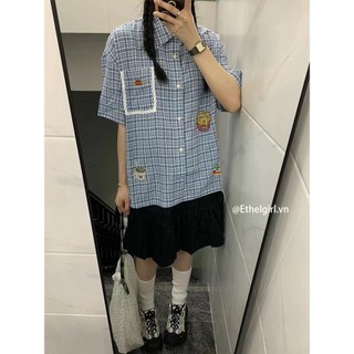 Ethelgirl Áo sơ mi ca rô ngắn tay cổ điển màu xanh Hàn Quốc Quần áo nữ dáng rộng