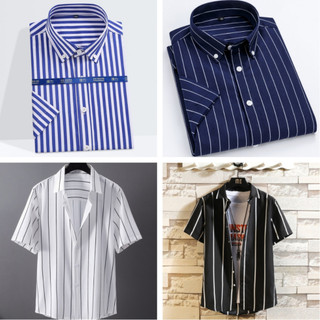 Mới nam sọc áo sơ mi thời trang công sở áo sơ mi trắng tay ngắn cotton áo sơ mi thường ngày