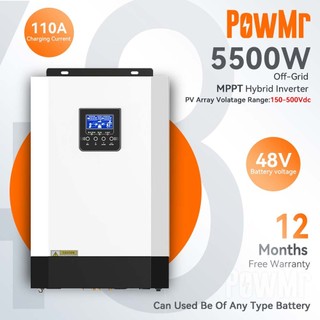Powmr 5.5KW Hybrid Biến tần Sóng sin nguyên chất Tích hợp Bộ điều khiển sạc năng lượng mặt trời MPPT 100A 50 / 60Hz Có thể hoạt động mà không cần pin và hỗ trợ Pin Lifepo4 48V Max 500Vdc Bảo hành đầu vào PV