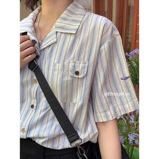 Ethelgirl Áo sơ mi sọc xanh Hàn Quốc Quần áo nữ Retro dáng rộng tay ngắn