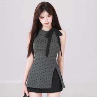 Phiên bản Hàn Quốc Bộ đồ thời trang thông thường dành cho nữ Slim-fit Màu xám chấm bi Thiết kế cổ tròn có dây buộc Áo không tay + Váy ôm hông Mini eo cao Hai-