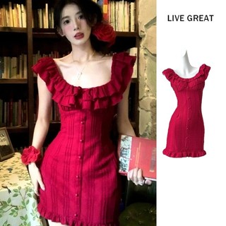 Váy nữ LIVE GREA tay bay, phong cách Hàn Quốc, màu đỏ mỏng và dễ thương
