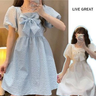 LIVE GREAT Đầm Tầng Trắng Cổ Vuông Đính Nơ Phong Cách Pháp Thời Trang Mùa Hè Cho Nữ