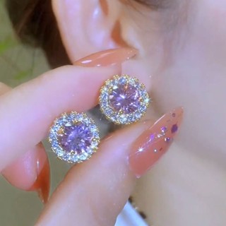 Thời Trang Sáng Bóng Zircon Tím Bông Tai Kim Cương Giả S925 Bông Tai Nữ Trang Sức Quà Tặng Tinh Tế