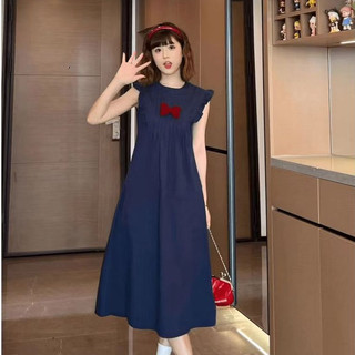Phiên Bản Hàn Quốc Thời Trang Dễ Thương Màu Xanh Đậm Váy Dài Nữ Cổ Tròn Không Tay Nơ Trang Trí Giữa Chiều Dài Chữ A