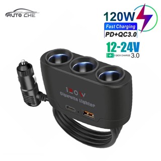  Autoche 3 trong 1 PD QC3.0 Ổ cắm USB kép 120W Bộ chia đèn thuốc lá ô tô 12V 24V Bộ sạc nhanh Cắm điện thoại Bộ chuyển đổi nguồn cho xe DVR Dashcam 