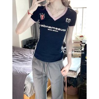Ethelgirl Hàn Quốc "Chữ" In Hình Cổ Chữ V Áo Thun Nữ Quần Áo Mỏng Ba Sọc Top