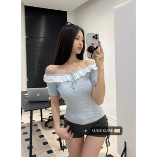kumikumi 2024 Thời Trang Nữ Mới Gợi Cảm Dây Rút Ren Ngắn Tay Top