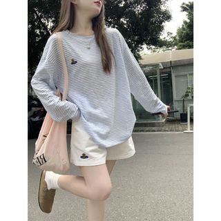 Áo thun chống nắng dài tay sọc nhỏ tươi mát dành cho nữ mùa hè dáng rộng vừa vặn dài vừa vặn mỏng che mặt