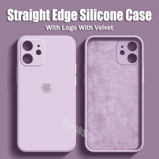 Với Logo Ốp lưng chống sốc bằng silicon mềm có viền thẳng cho iPhone 15 14 13 12 11 Pro Max XR X XS Max 7 8 Plus 6 6S Plus + SE Vỏ bọc điện thoại bằng nhung bên trong có nắp bảo vệ toàn bộ máy ảnh