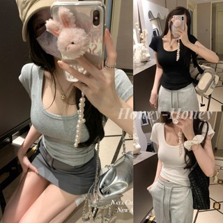 Honey-Honey  Áo Thun Nữ Rắn màu U-cổ đàn Ôm thân hình đẹp Độ đàn hồi cao Hàn Quốc