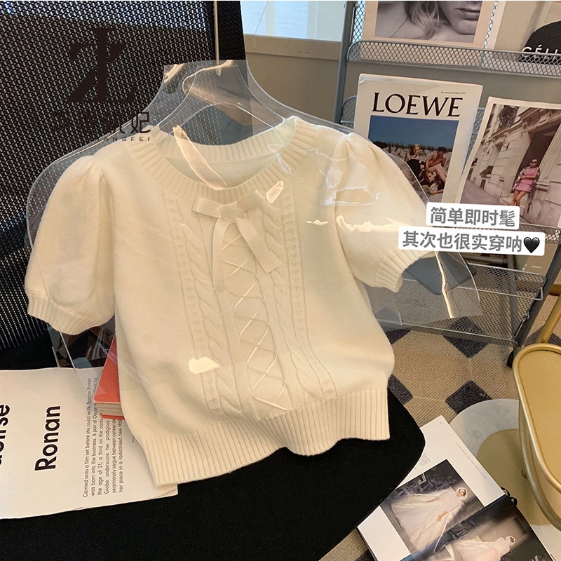  ZHELIHANGFEI Áo len dệt kim ngắn tay nơ thời trang Hàn Quốc Quần áo nữ Slim Y2K Top 