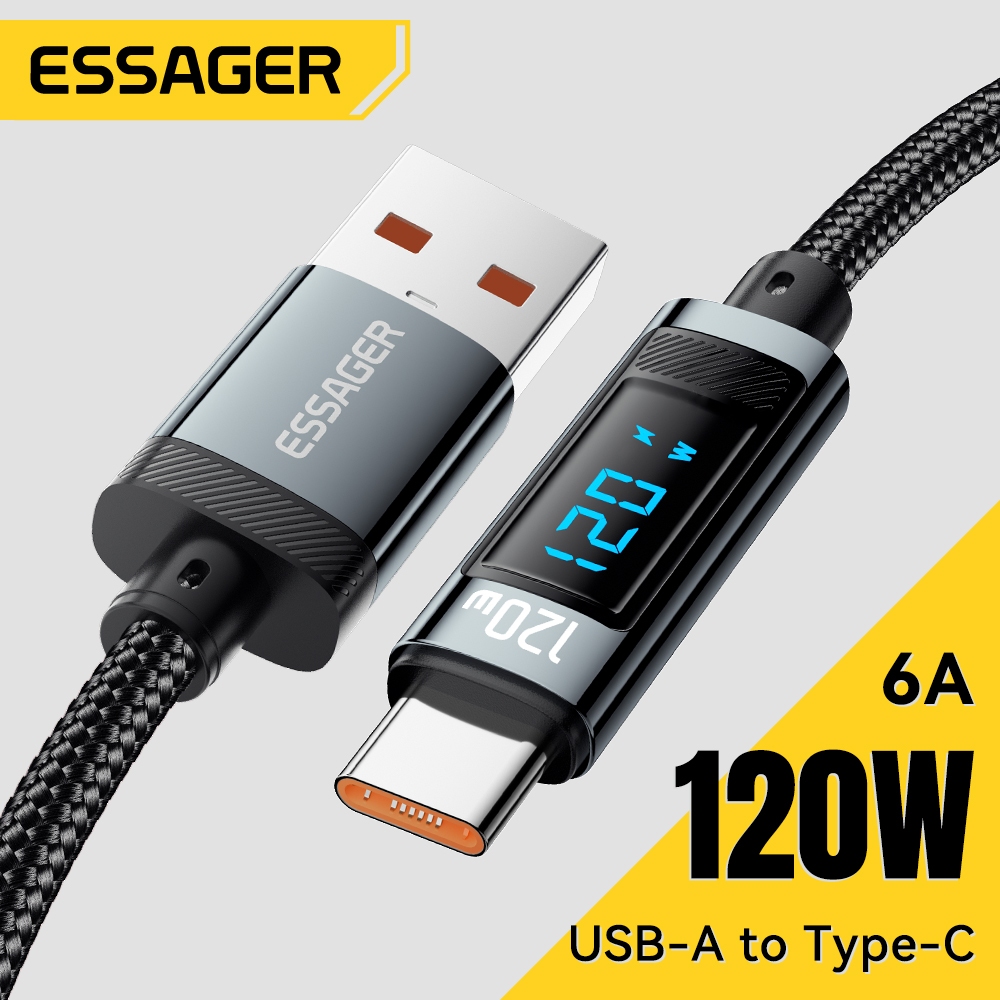 Cáp dữ liệu màn hình kỹ thuật số hợp kim nhôm ESSAGER 120W A-C 6A Cáp sạc nhanh USB2.0 480Mbps Truyền dữ liệu