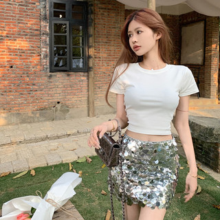 Cocorygirl Quần áo nữ Hàn Quốc Áo thun ngắn tay cổ tròn màu trắng mùa hè dành cho nữ croptop