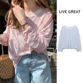 Live GREA Áo thun nữ sọc dài tay lụa băng mỏng phiên bản Hàn Quốc áo chống nắng
