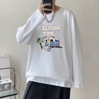 Phong Cách Nhật Bản Trắng Hoạt Hình In Hình Áo Thun Dài Tay Nam Rời Kích Thước Lớn Đáy Áo Sơ Mi Xếp Chồng Xuân Thu Thường Ngày Màu Trơn Top