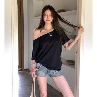 Cocorygirl Hàn Quốc Áo thun ngắn tay dáng rộng màu đen dáng rộng mùa hè đường chéo vai lệch vai