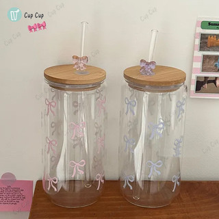 Cốc thủy tinh ins girl nơ in hình cốc thủy tinh cà phê sữa học sinh để bàn cốc dễ thương hình trụ tươi cốc
