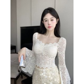 Hàn Quốc gợi cảm áo len mỏng Trễ Vai áo thun tay dài nữ Retro Trễ Vai ren