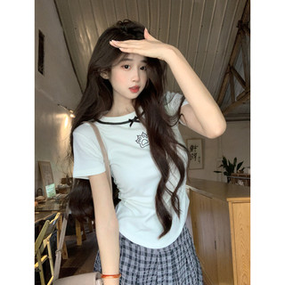 【BANKO】Quần áo nữ mùa hè phiên bản Hàn Quốc Nơ ôm cổ tròn màu trắng tay ngắn-
