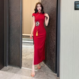  Phong Cách Trung Hoa Cải Tiến Sườn Xám Mỏng Phù Hợp Với Khe Dài Đầm Ngắn Tay Mẹ Đầm Khách Sạn Nghi Thức Kỹ Thuật Viên Quần Áo Làm Việc Chủ Nhà Đám Cưới Kỳ Nghỉ Đuôi Răng Đảng Sinh Nhật Cảm Ơn Ban 