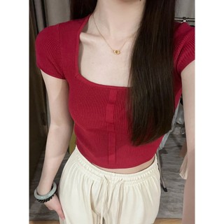 Áo thun ngắn tay cổ vuông màu đỏ Slim-Fit ngắn Hot Girl Top