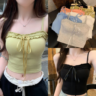 Gợi cảm Hàn Quốc áo 2 dây áo hai dây nữ Trễ Vai croptop Trắng ren Nơ áo 2 dây hoa nhí