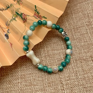 Vòng tay gốm may mắn nhân vật Trung Quốc "Fu" màu xanh ngọc bích, thiết kế cá tính Nhẫn đơn cổ điển quà tặng thời trang, dây hạt xương thủ công nổi tiếng trên internet