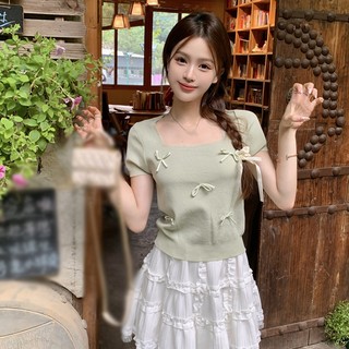 Áo thun nữ dệt kim cổ vuông tay ngắn nơ màu trơn mùa hè Áo mỏng ngọt ngào